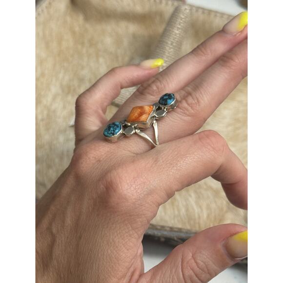 Native American Bryon Brown Handmade Sterling Spiny Oyster Turquoise Ring 9 - Picture 13 of 14